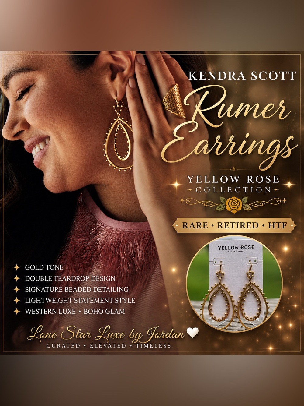 Kendra Scott Rumer Gold Statement Earrings-Yellow Rose Vintage Luxe Retired HTF